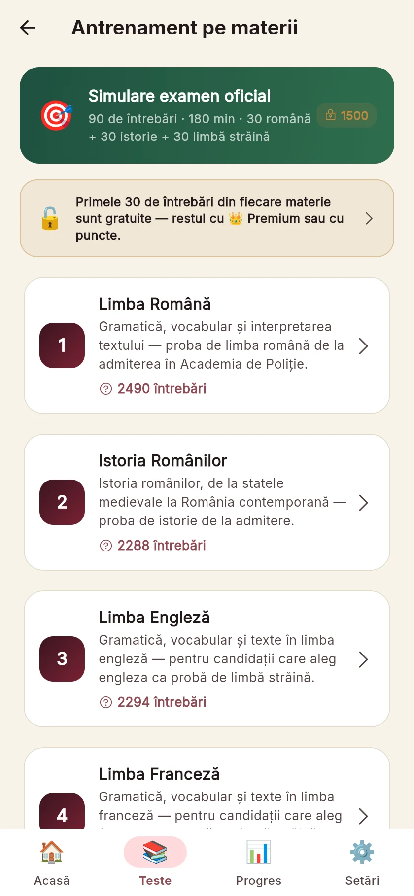 Disciplinele probei: limba română, istoria românilor și limbile străine